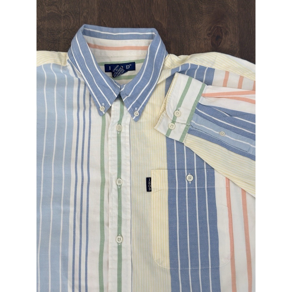 Vintage Izod Mens Button Down Colorful Striped Oxford Size L Long Sleeve Pocket